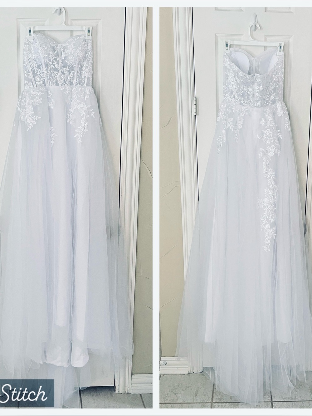 [S] Strapless White Lace Appliqué Tulle Wedding Gown